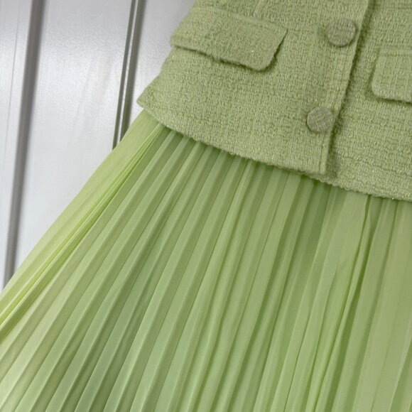 NWT Self-Portrait Lime Boucle Chiffon Midi Dress Green Sz 0 Tailored Fit Pleated - Picture 7 of 12
